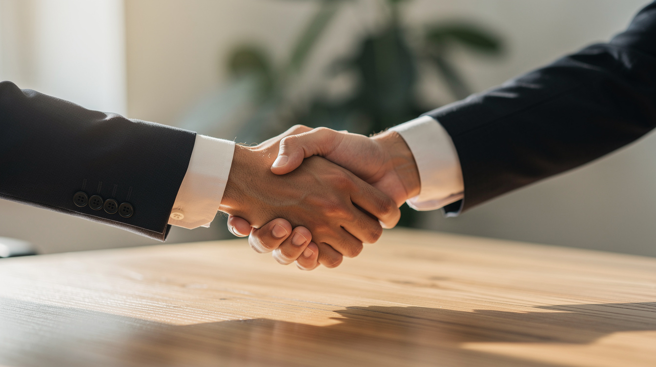 Handshake between two people over a wooden desk with plant in background