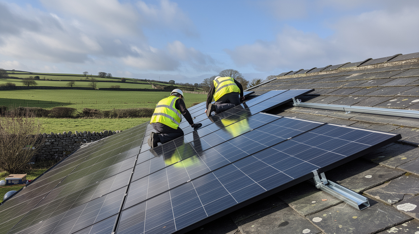 Two installers in hi-vis vests mounting solar panels on an Irish rooftop with green fields behind