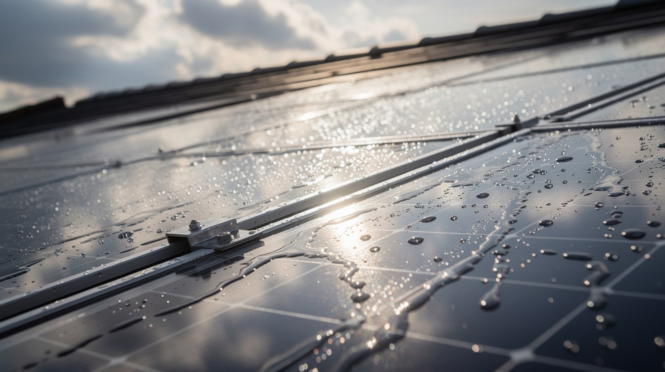 Rain-washed solar panels on an Irish roof with morning light
