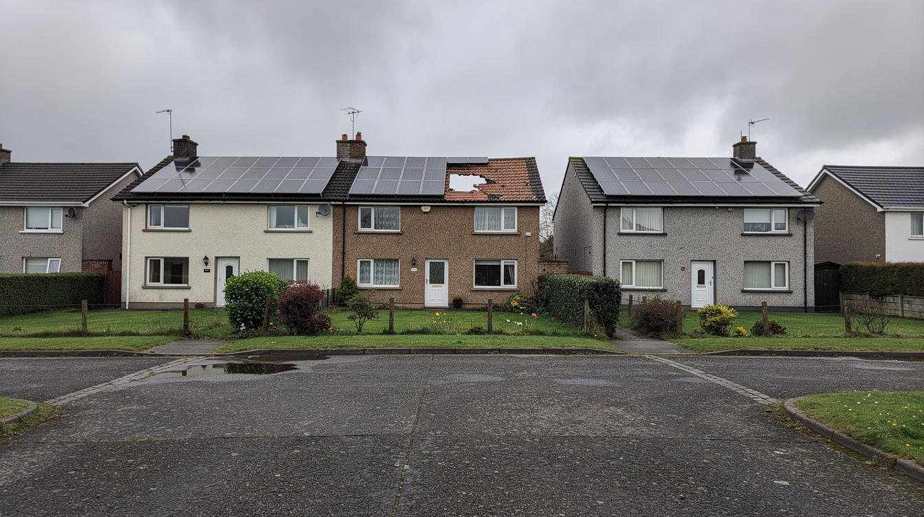 Row of Irish semi-detached houses with rooftop solar arrays