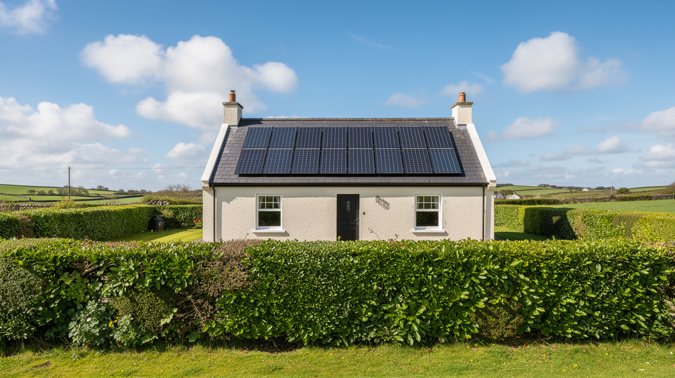 Detached Irish country home with new solar panels on south-facing roof, garden hedges and countryside beyond