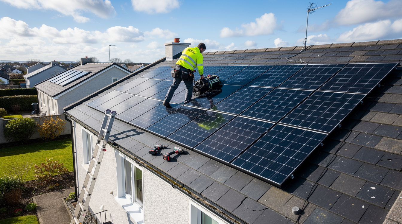 SEAI-registered solar installer working on Irish suburban house roof, aerial view of solar array being fitted