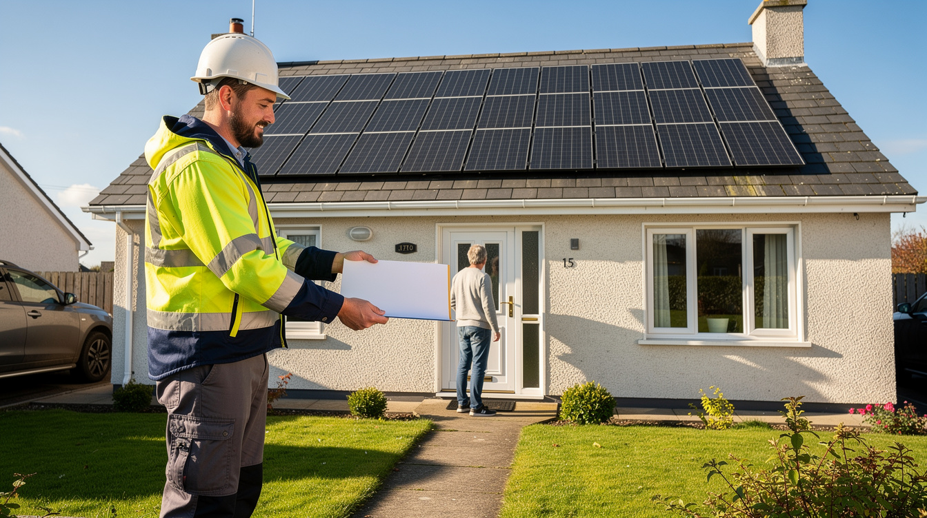 Solar installer handing over the documents folder to a homeowner at an Irish house