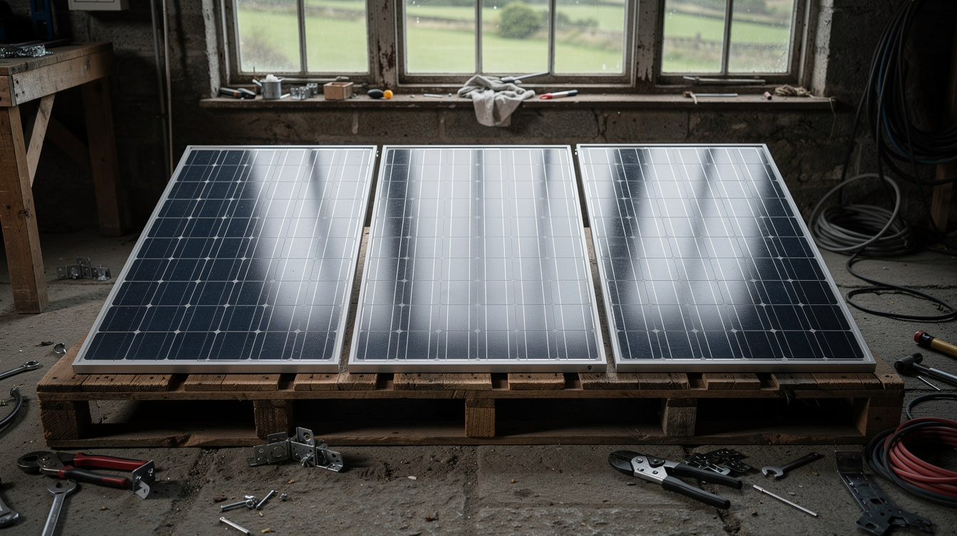 Three solar panels with slightly different cell layouts lined up ready for installation on an Irish roof