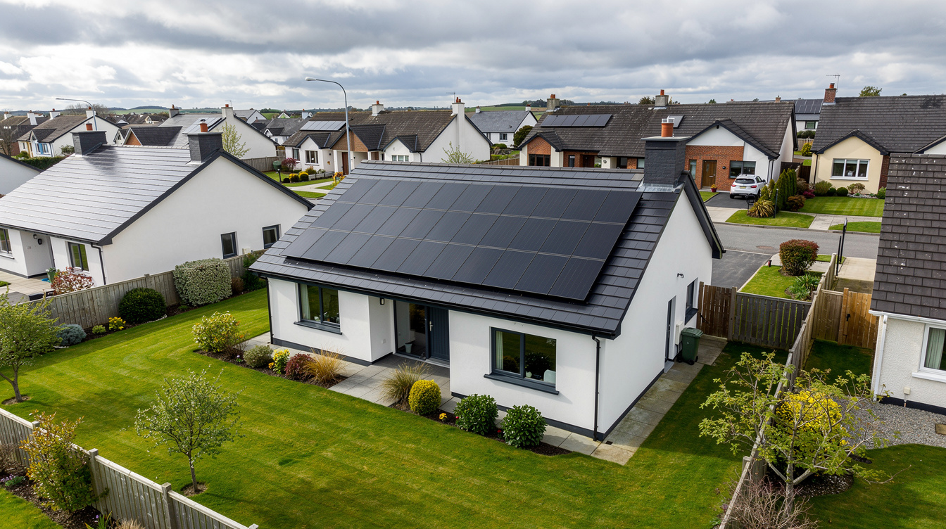 Neat rooftop solar installation on a modern Irish house, glossy black panels reflecting the sky