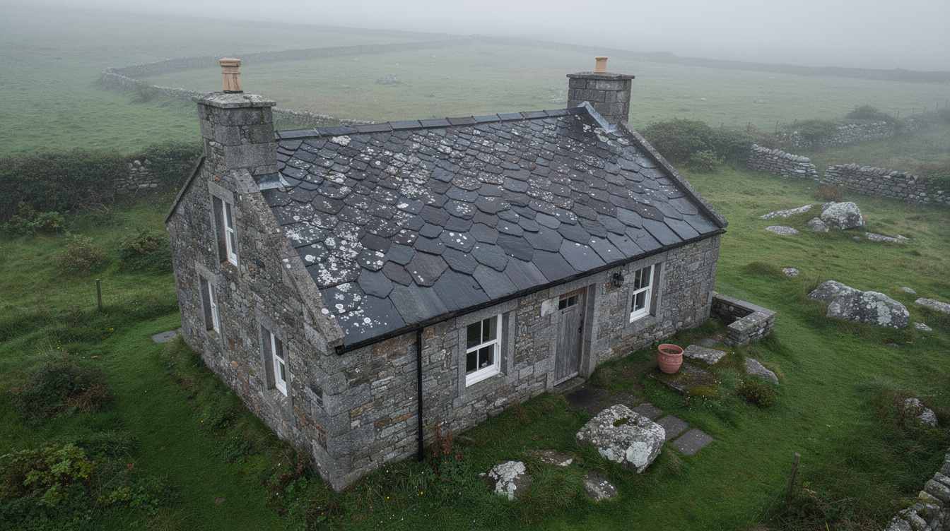 Traditional Irish stone cottage with a dark natural slate roof set in green misty countryside