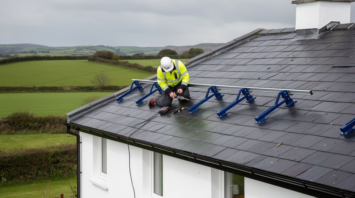 Installer with hi-vis vest fitting blue mounting brackets on a slate roof of an Irish house with countryside behind