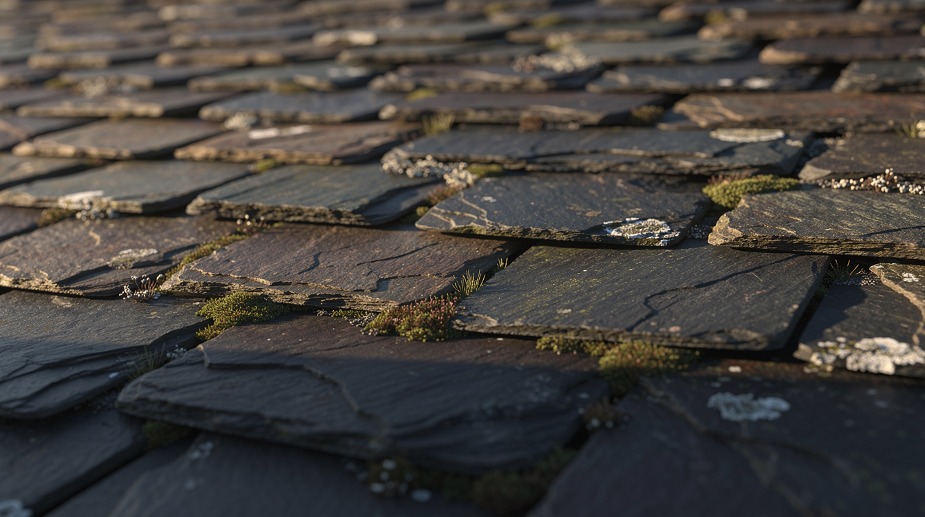 Close-up of weathered Irish natural slate roof tiles with moss between them