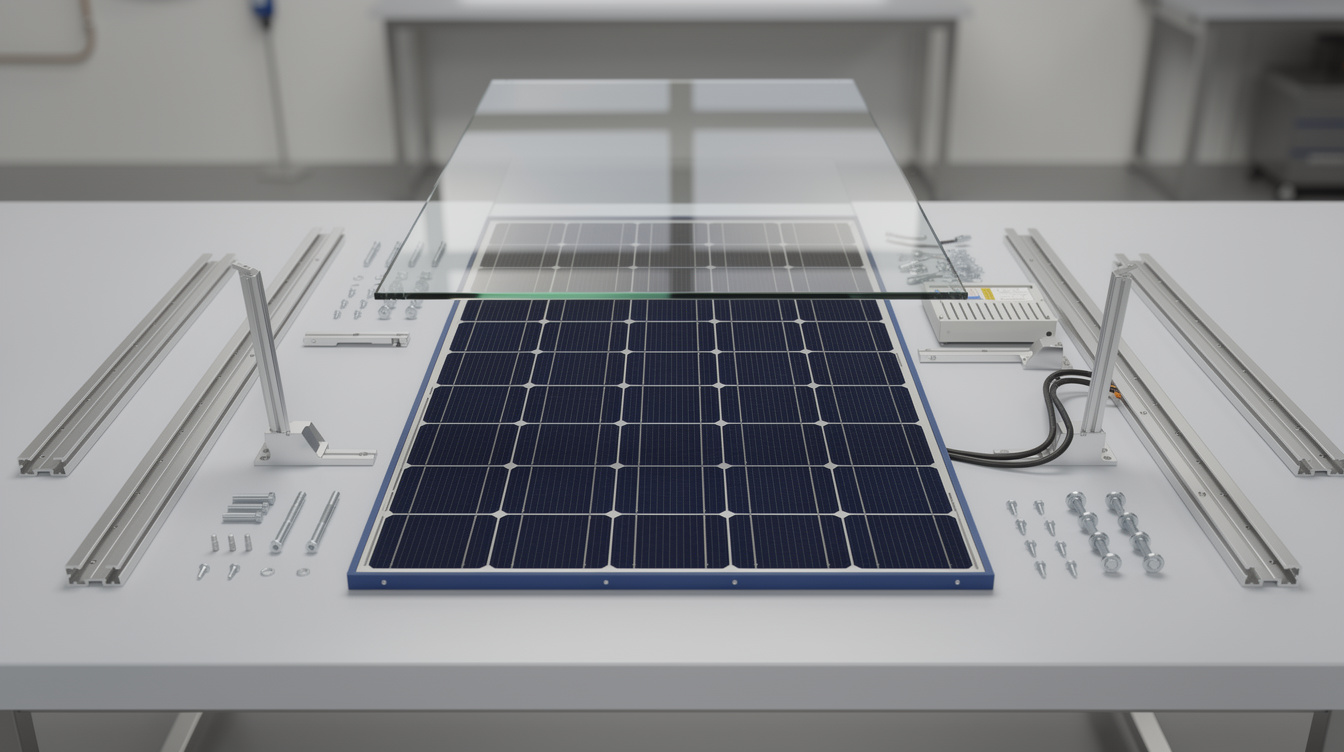 Solar panel components separated for recycling — glass, cells, aluminium frame