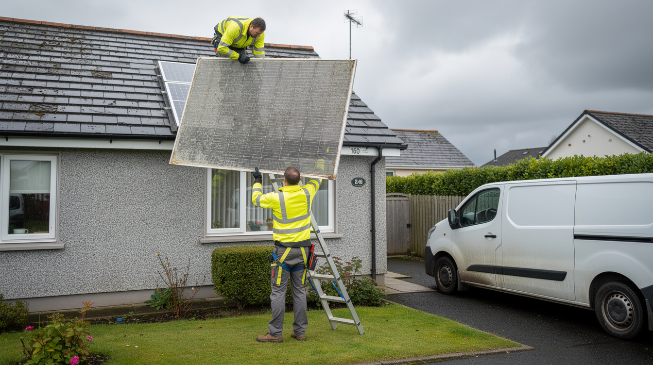 Solar installers removing an old solar panel from an Irish house rooftop