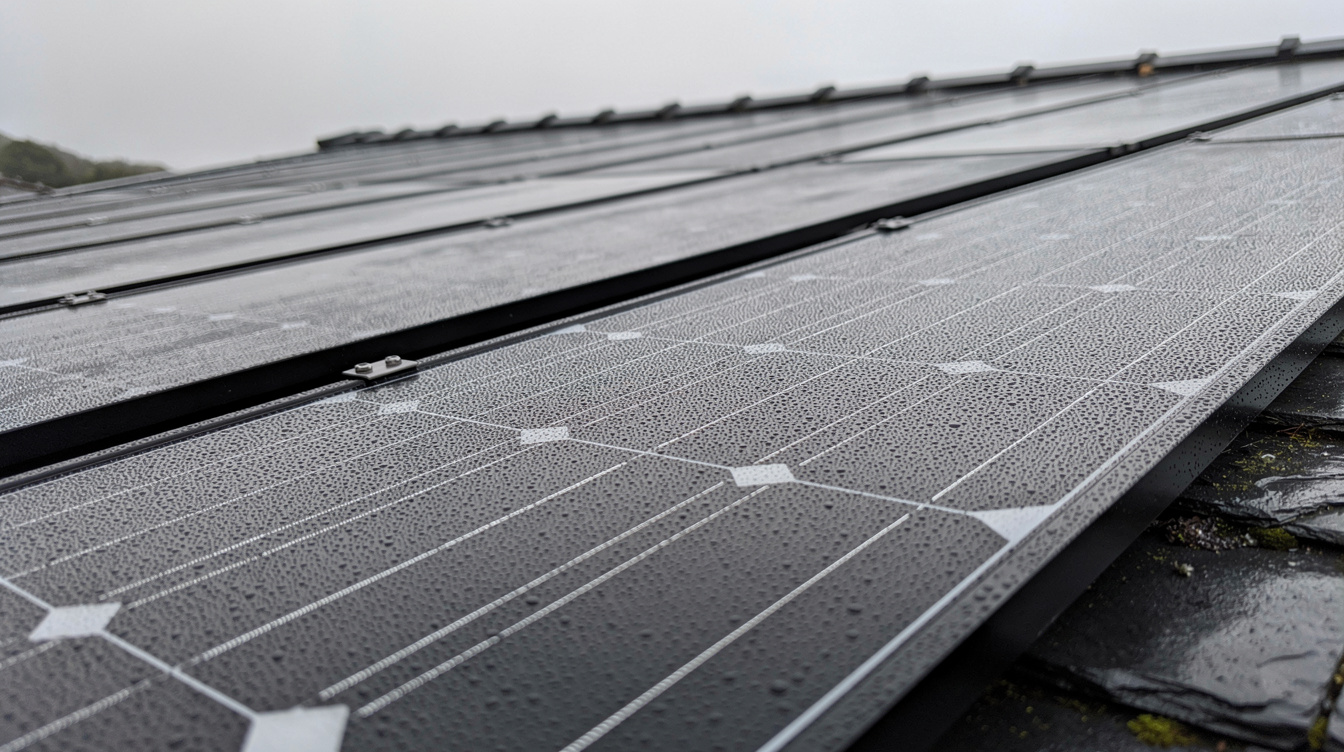 Close up of black monocrystalline solar panels with morning dew
