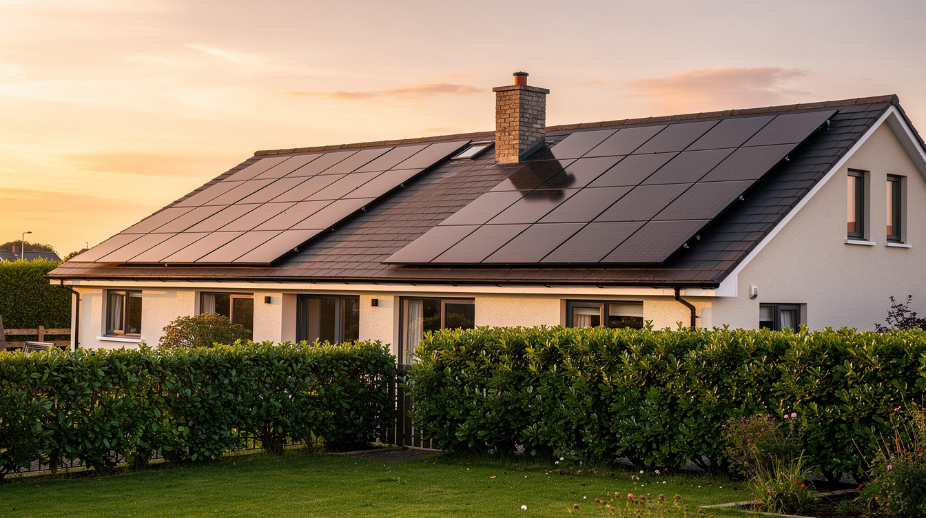Solar panels on Irish home with chimney shading in golden evening light