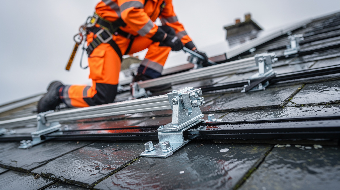 Installer inspecting solar panel mounting clamps and rails on an Irish rooftop