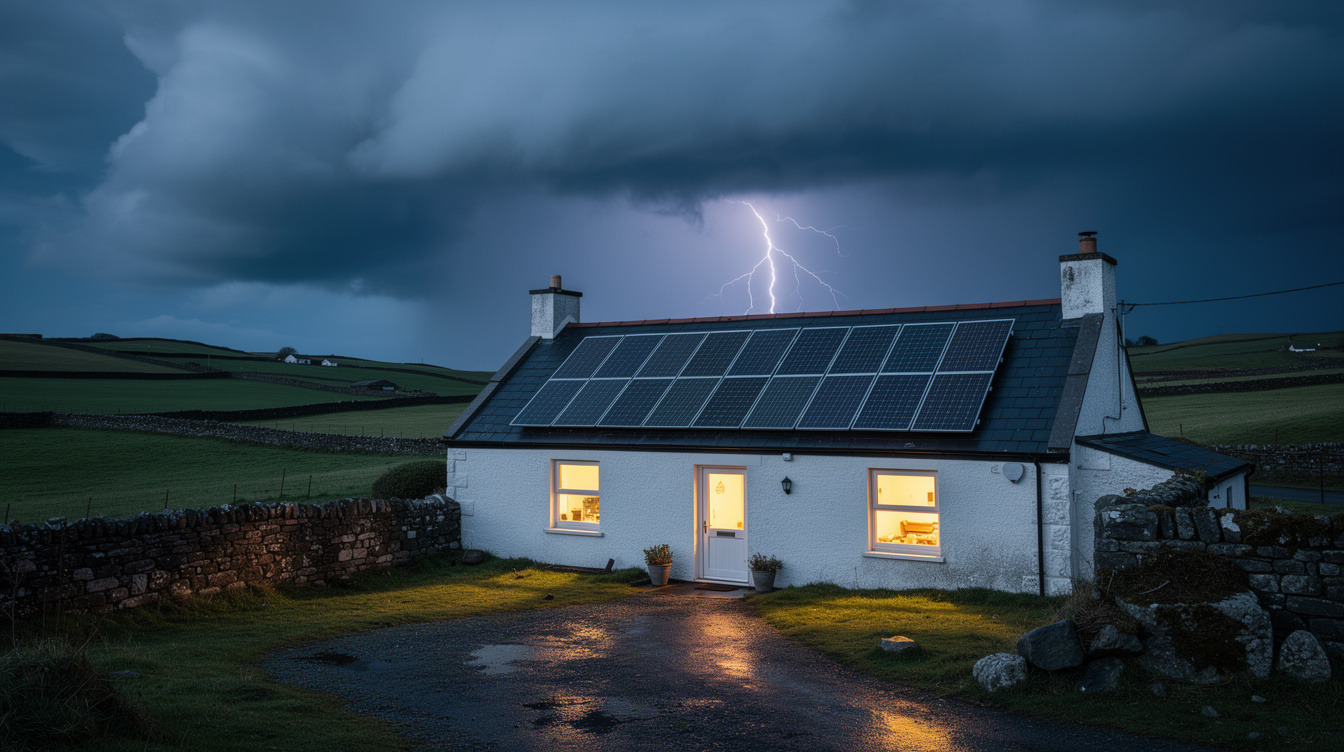 Dramatic lightning storm over rural Irish farmhouse with solar panels