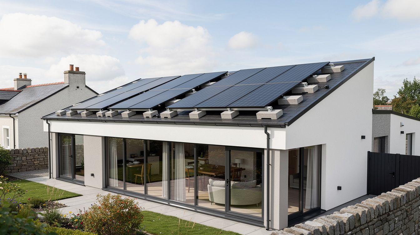 Solar panels on tilt frames mounted to a modern Irish flat-roof extension, ballast blocks visible