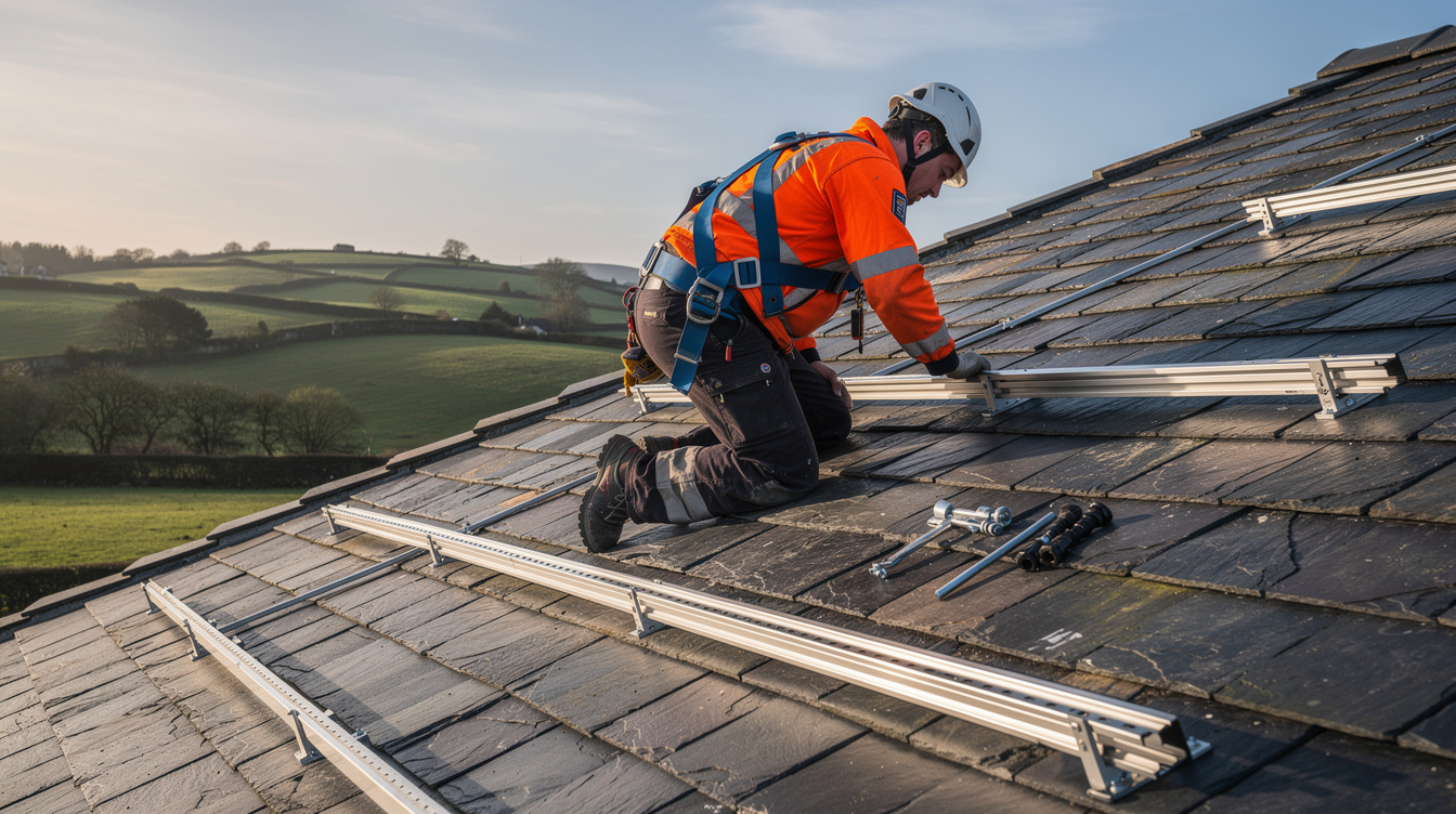 Installer on steep-pitch Irish slate roof adjusting solar mounting rails, green fields in background