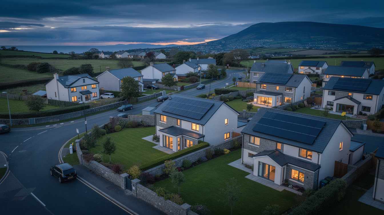 Aerial view of an Irish suburban estate at dusk, warm lights in windows and solar panels visible on multiple slate rooftops with Wicklow mountains in the distance