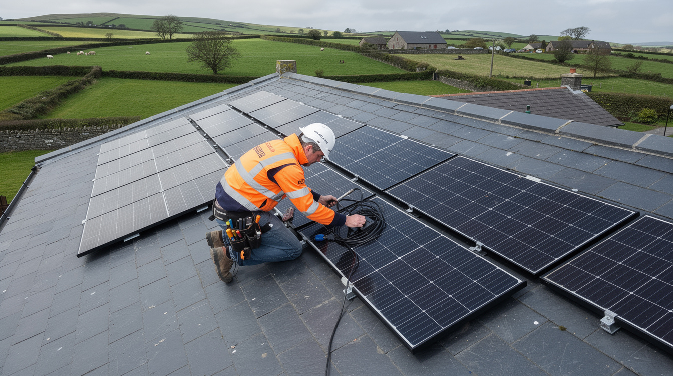 Solar installer in orange hi-vis vest working on a slate rooftop array with Irish green countryside and grazing sheep in the background