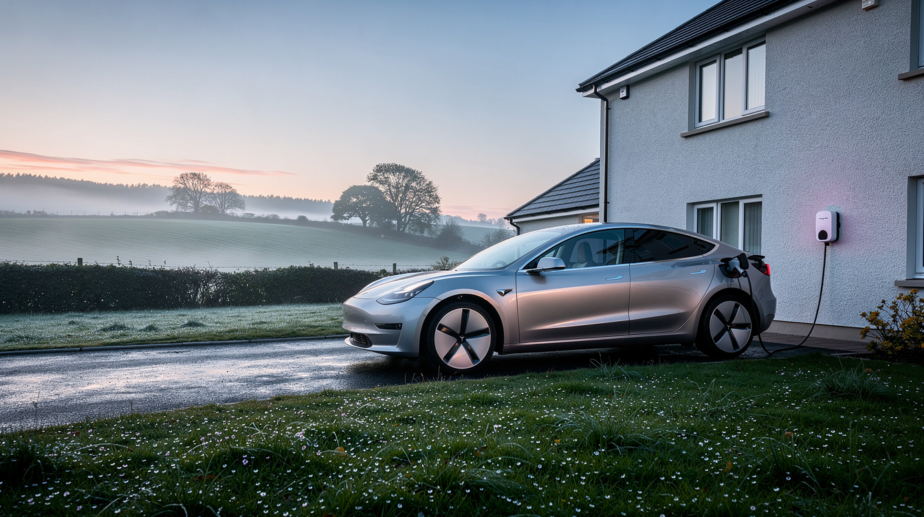 Electric car charging on the driveway of an Irish two-storey home at misty dawn