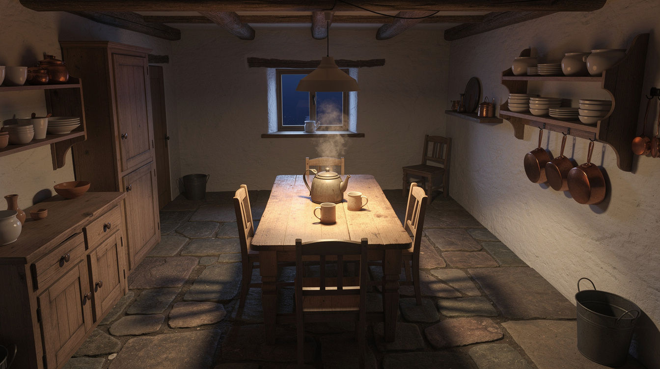 Cozy stone-floor kitchen in a rural Irish farmhouse, warm pendant light and a steaming kettle on a wooden table