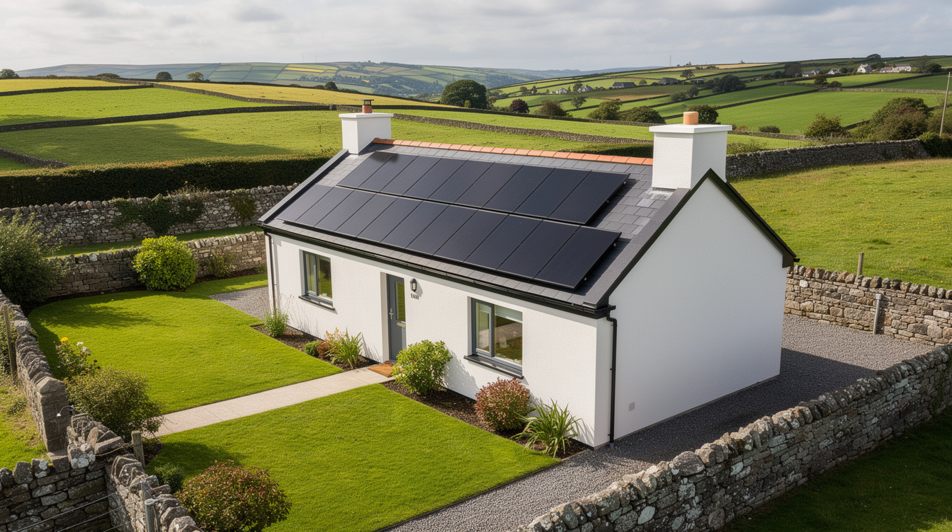 Completed Irish rural cottage with black solar panels on roof, freshly painted walls, tidy garden and countryside behind