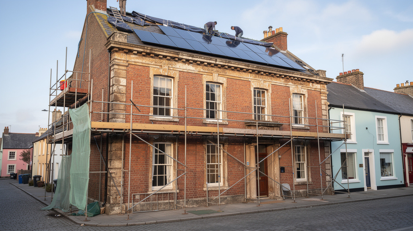 Vacant Irish period townhouse mid-refurbishment with scaffolding and installers fitting solar panels on the roof