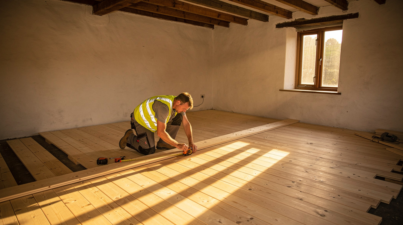 Craftsman laying new floorboards inside a mid-refurbishment vacant Irish cottage with sunlight coming through the window
