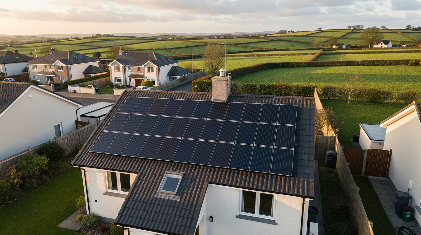 Aerial view of solar panel array on a suburban Irish rooftop