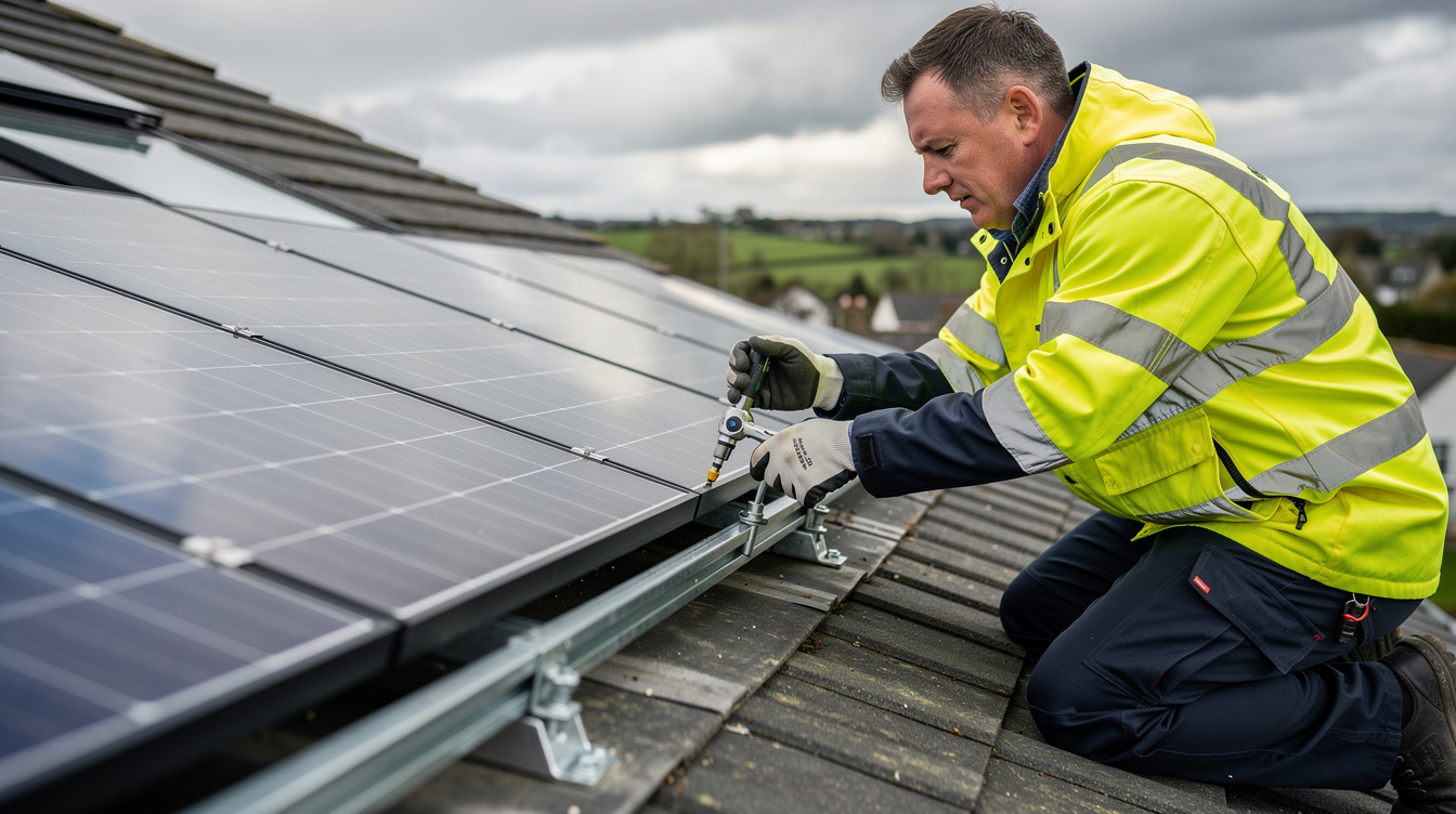 Solar installer securing a panel to a mounting rail on an Irish rooftop