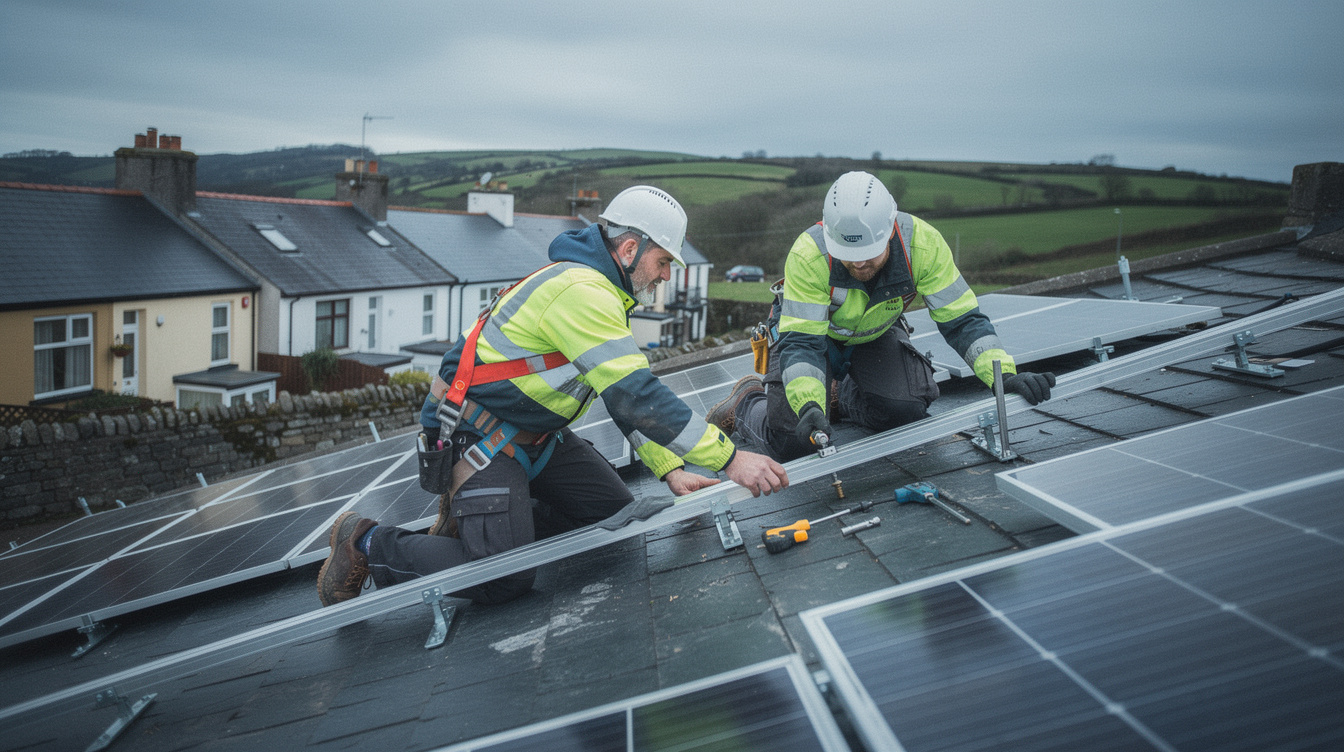Two Irish solar installers working together on a rooftop