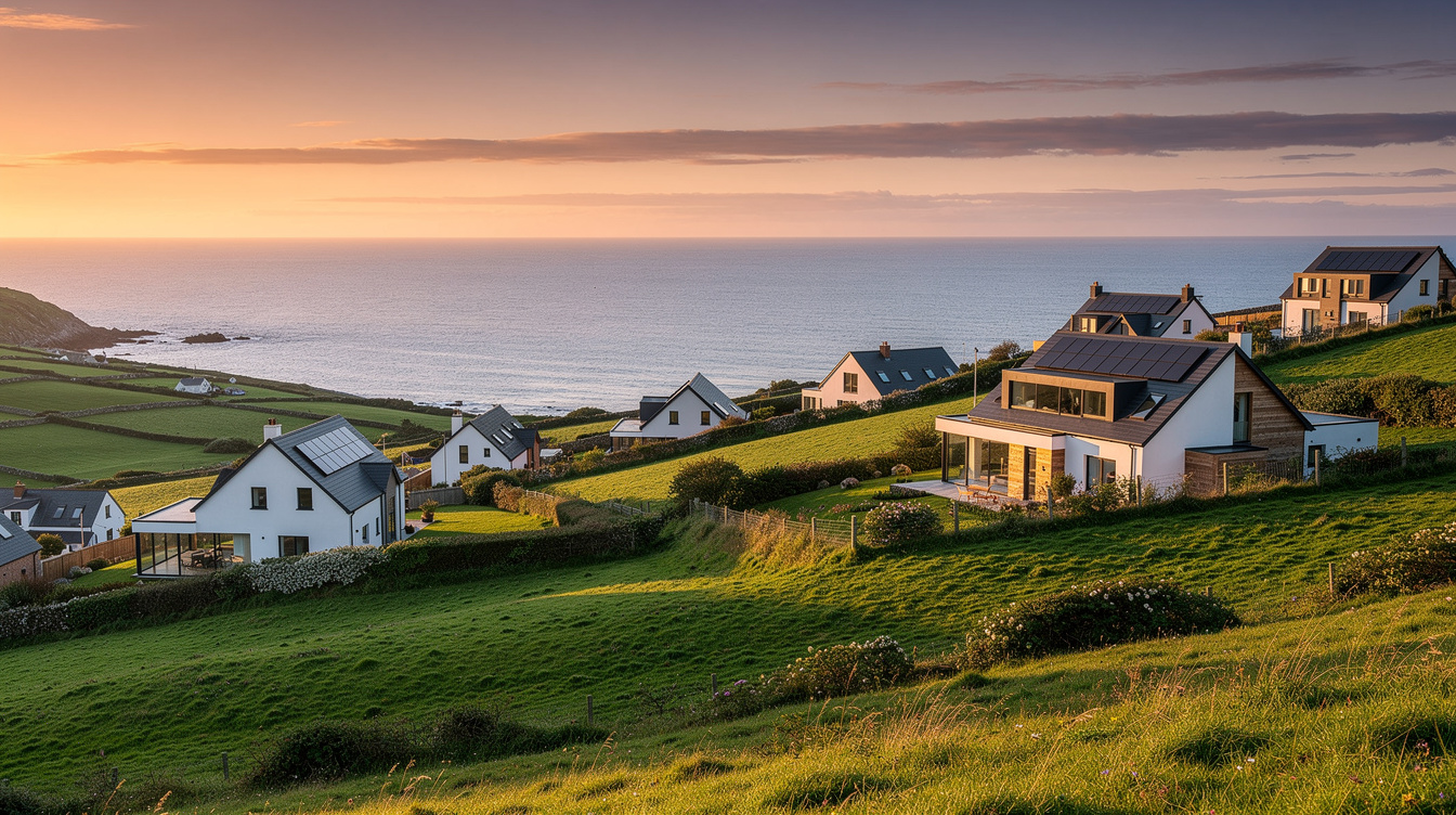 Cluster of modern coastal Irish homes with rooftop solar panels overlooking the sea at sunset