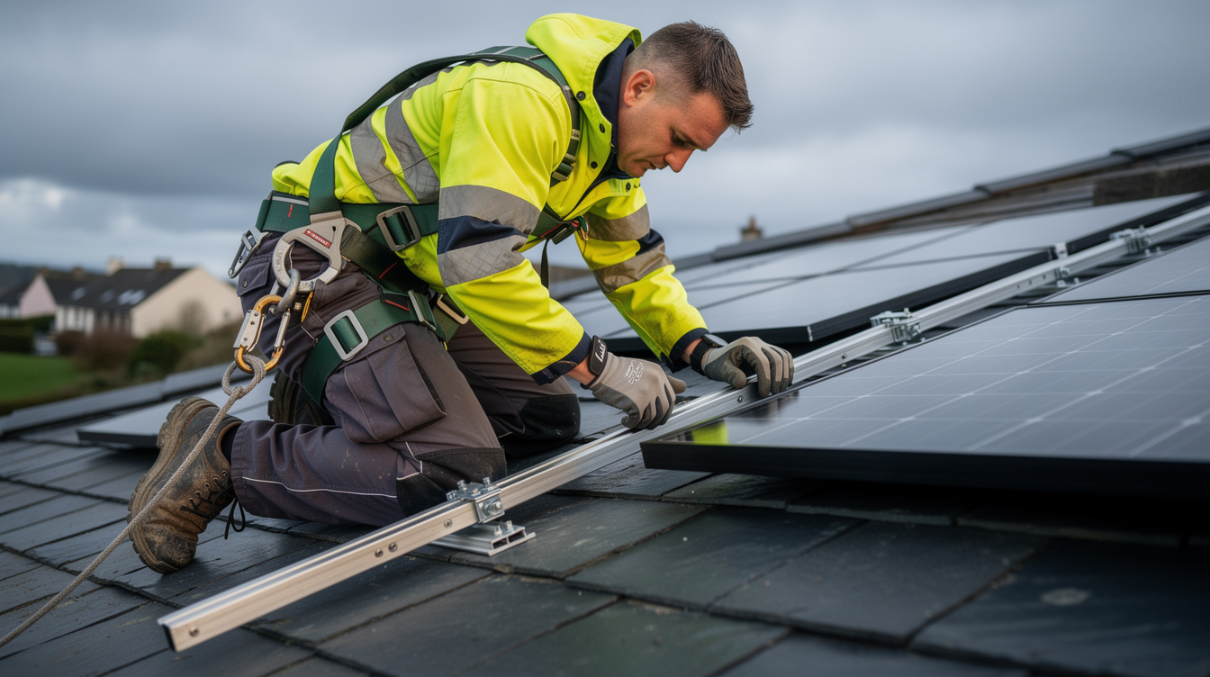 Installer in high-visibility jacket rail-mounting solar panels on an Irish slate roof