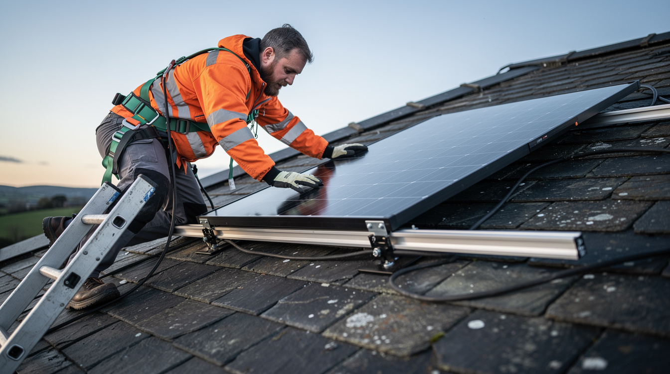 Installer positioning a solar panel on an Irish slate roof at dawn