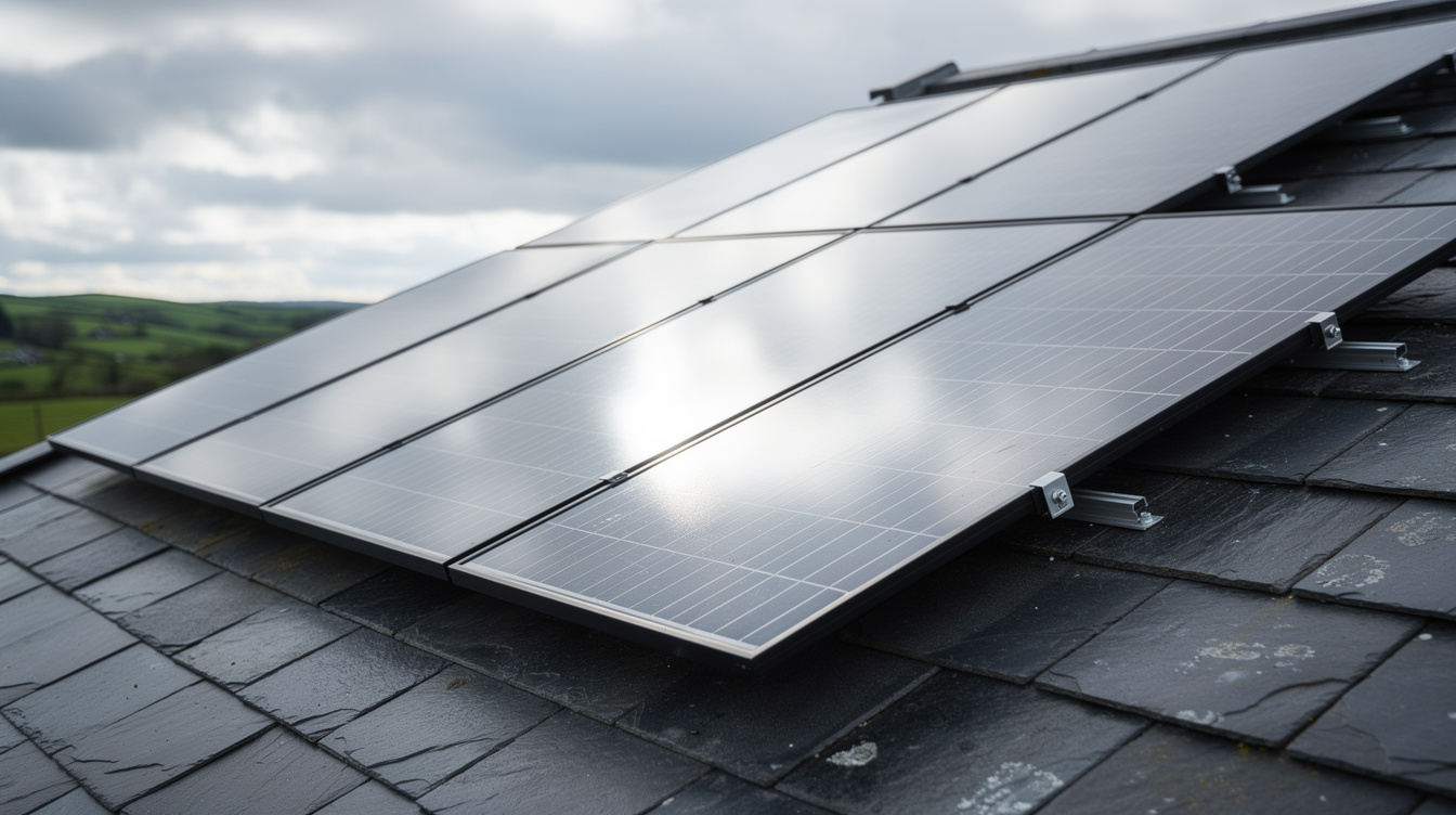 Close-up of solar panels installed on a slate roof of an Irish home
