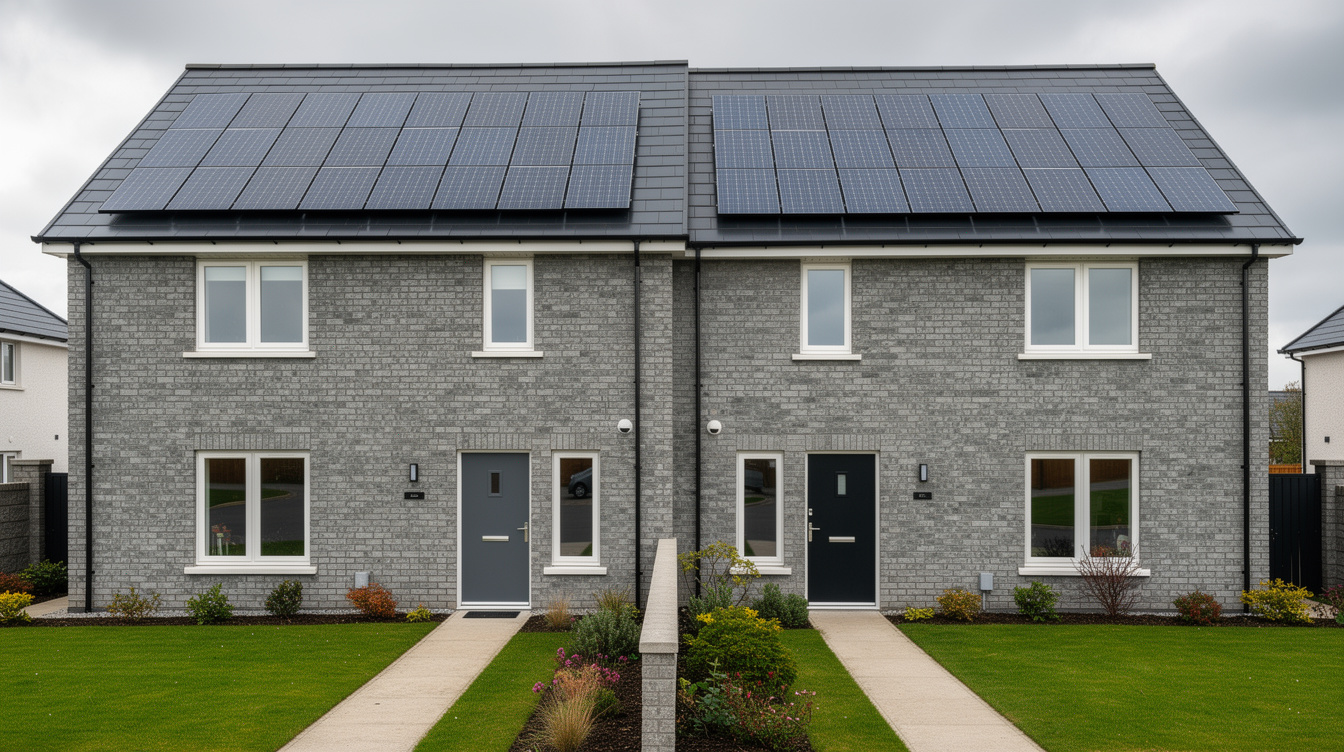 Modern Irish semi-detached houses with full 20-panel solar arrays covering the roof