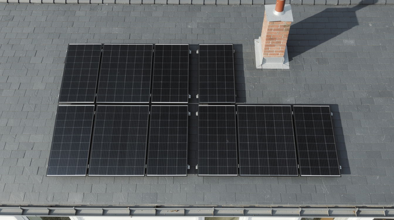 Four modern black solar panels on the roof of an Irish terraced house