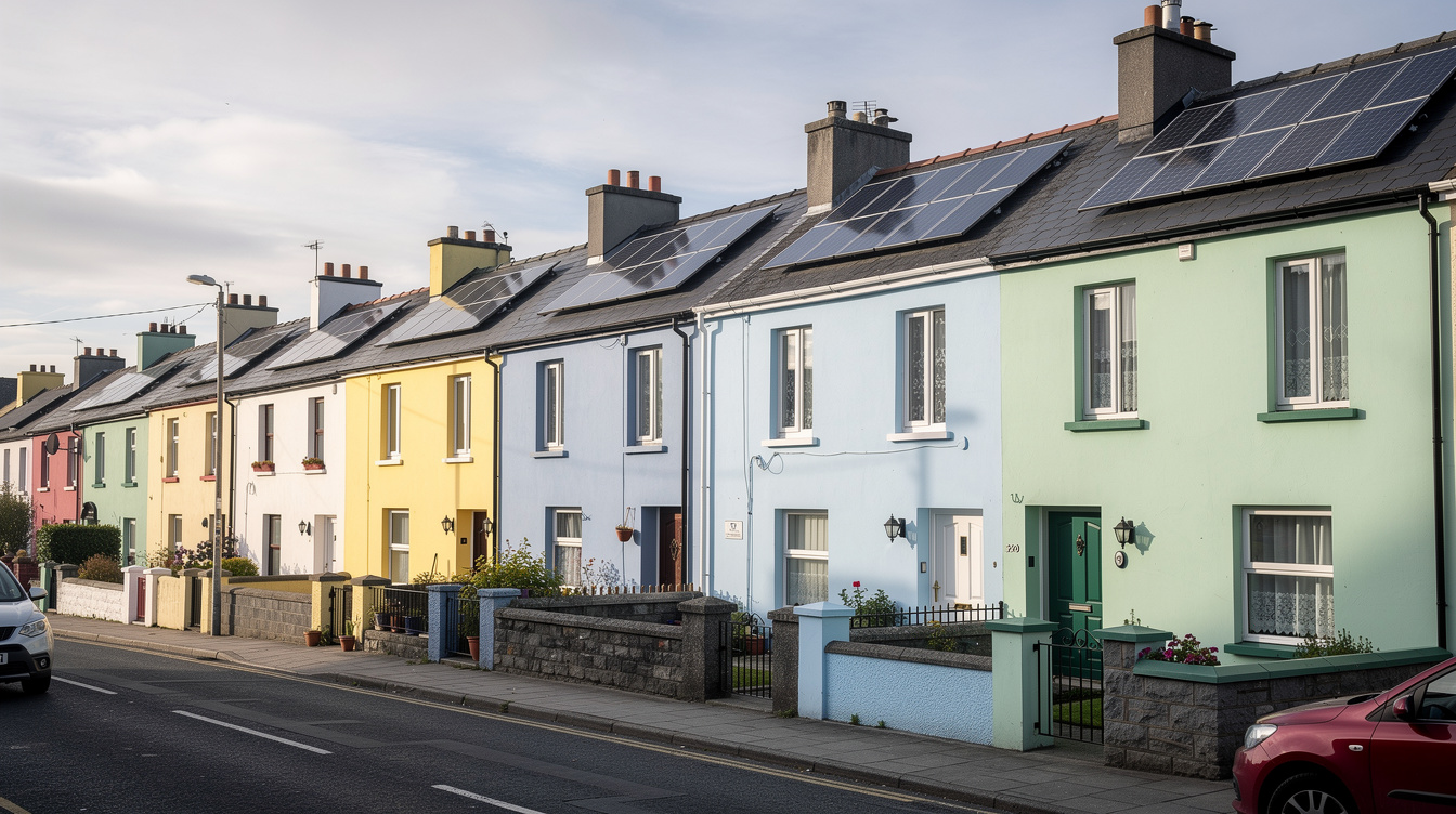 Row of Irish terraced houses with small solar arrays on the roofs