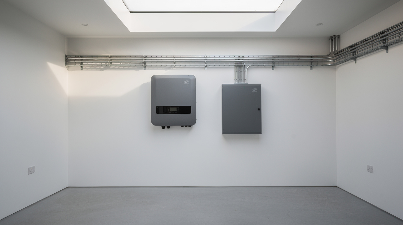 Modern three-phase hybrid solar inverter mounted on a plant-room wall next to a distribution board in an Irish home