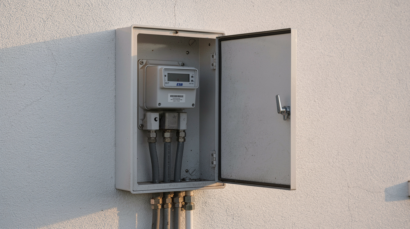Close-up of a three-phase MID smart meter and service head in an Irish plant room with three main fuses visible