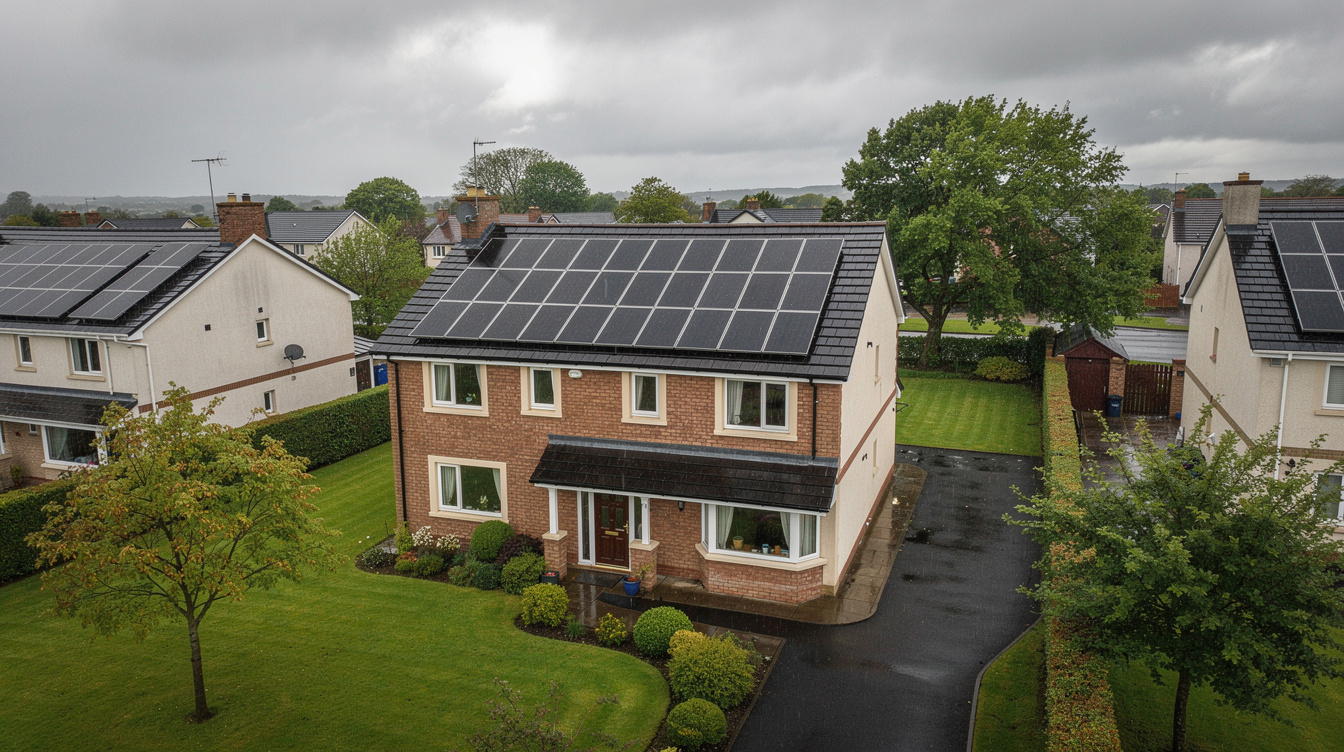 Aerial view of Irish suburban home with 5kWp solar panel installation on the roof