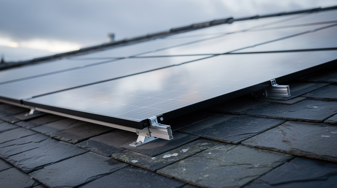 Close-up of monocrystalline solar panels on Irish slate roof with mounting rails