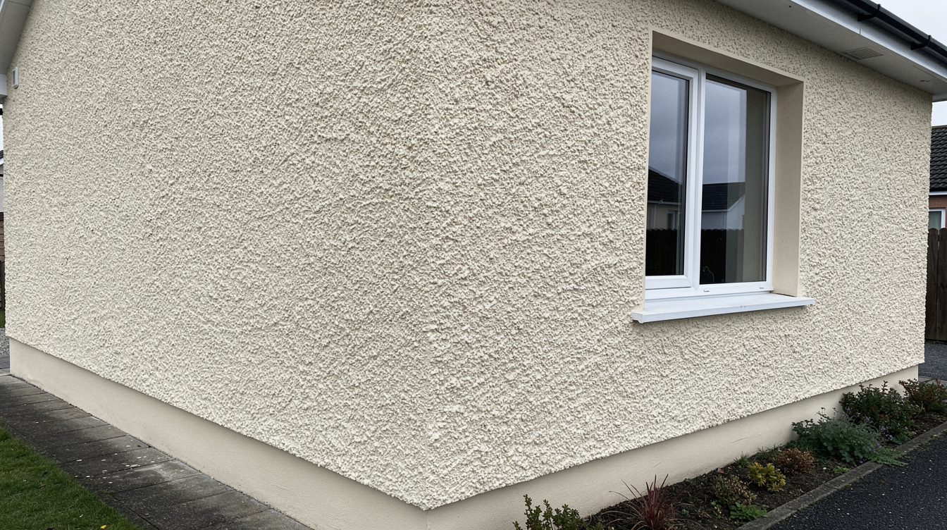 Cream pebble-dash render finish on an Irish home following external wall insulation retrofit