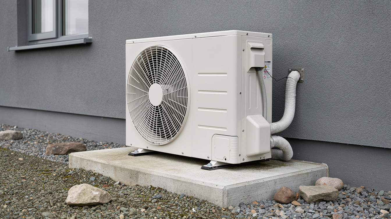 White air-to-water heat pump outdoor unit installed on a concrete plinth beside a modern Irish home