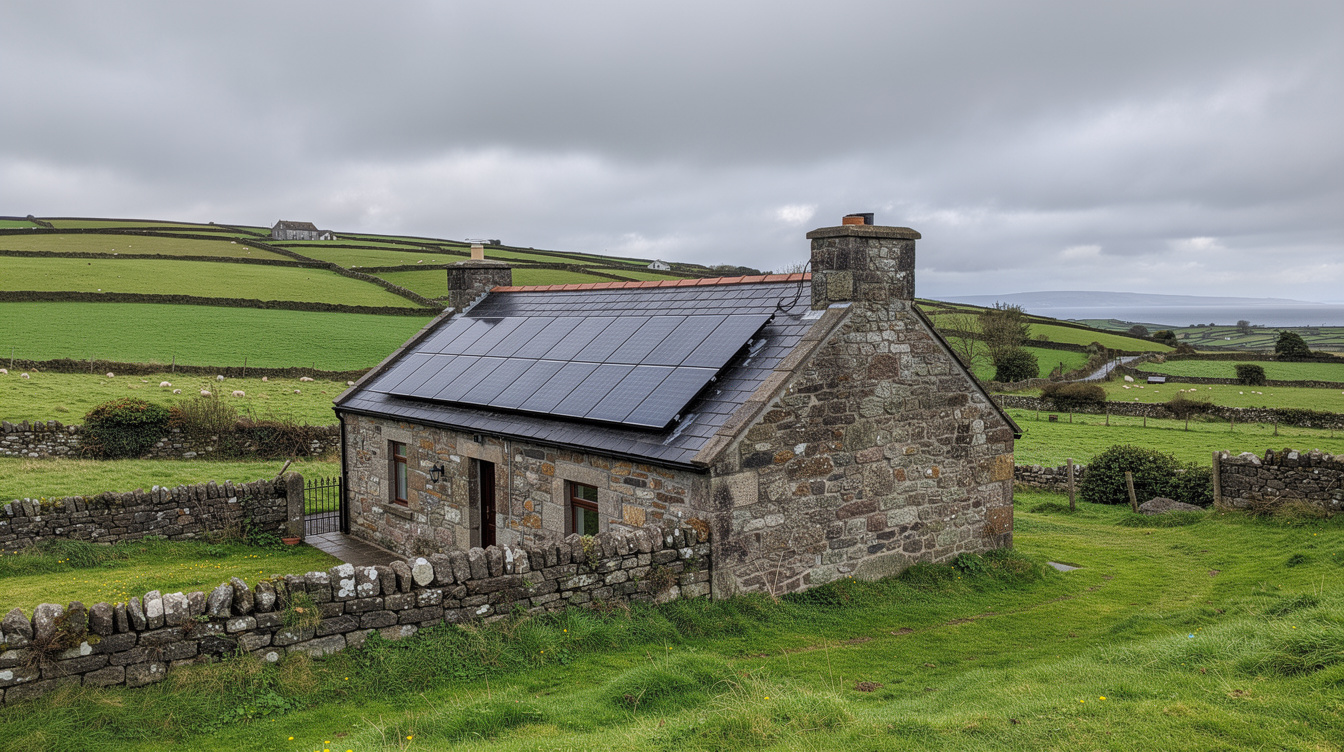 Solar panels on Irish detached cottage roof with green fields and stone walls in background