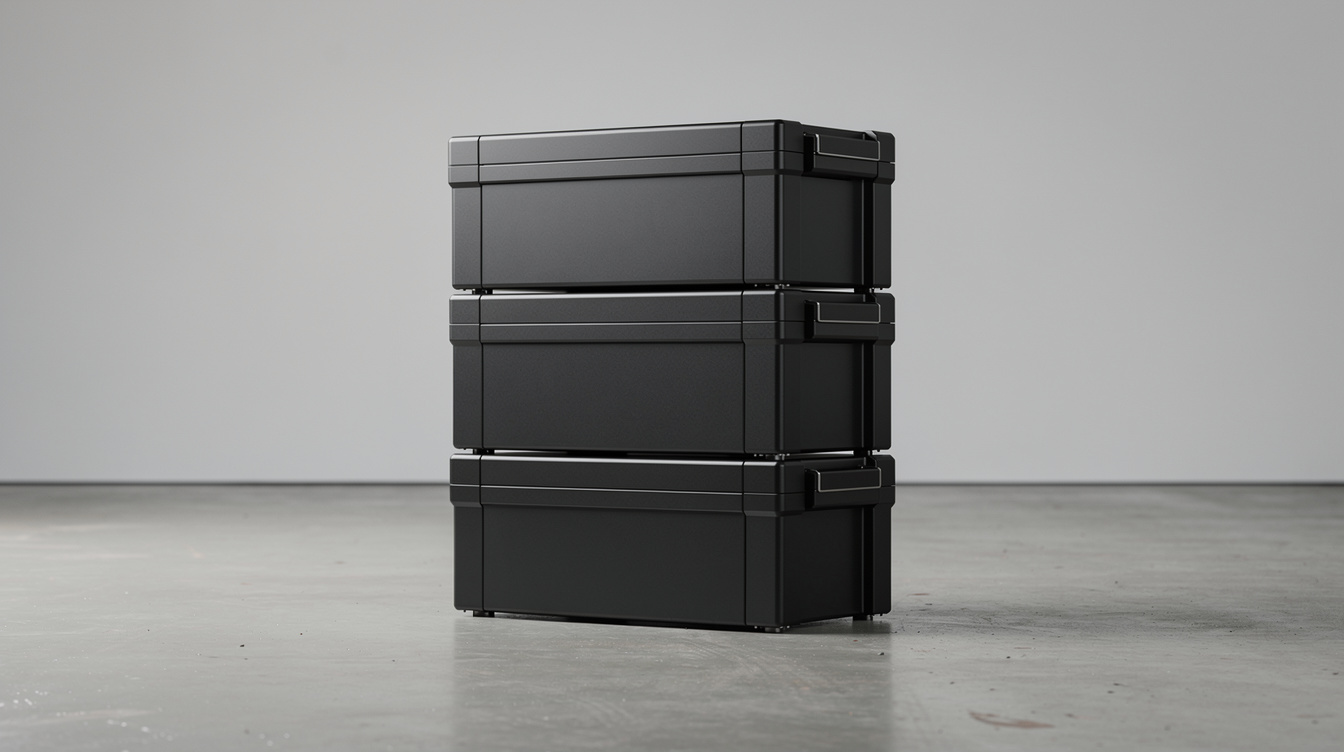 Modular home battery tower stacked with three metal enclosures beside a hybrid inverter