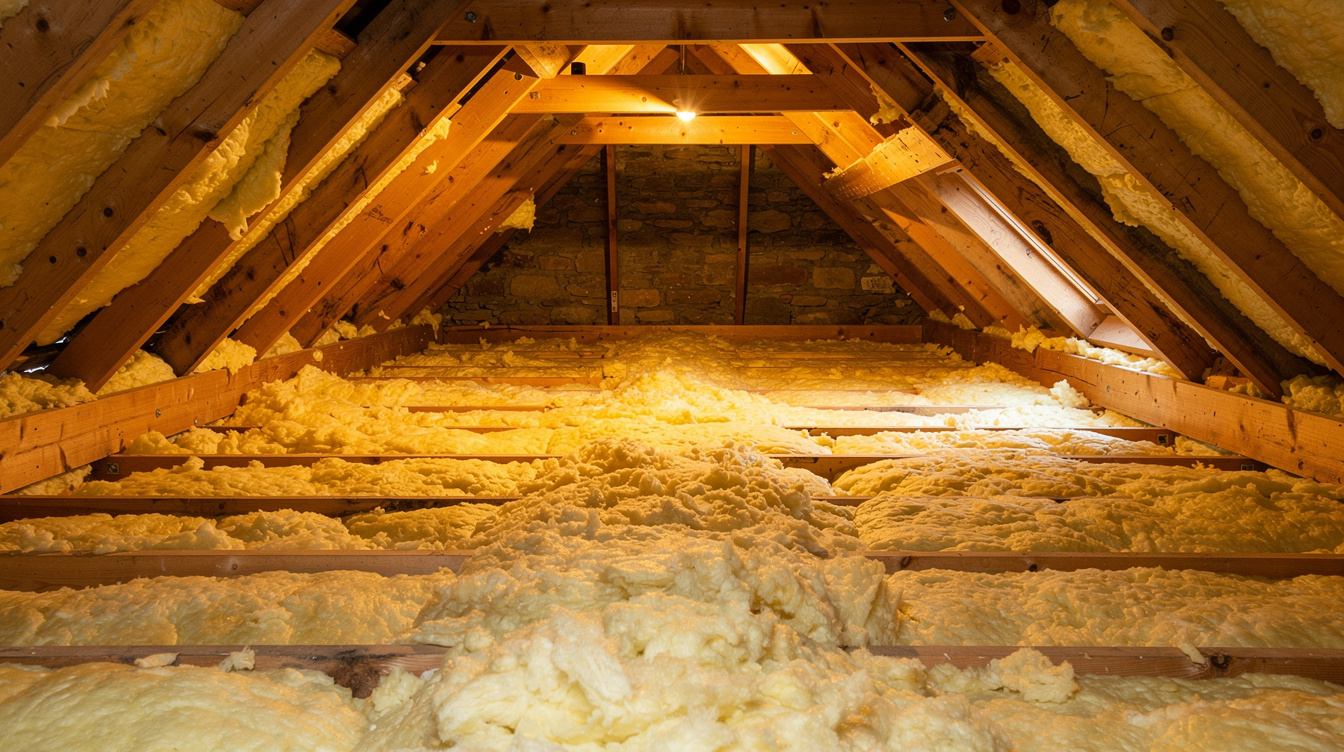Newly installed mineral wool insulation between and over ceiling joists in an Irish attic space
