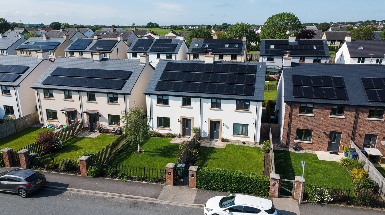 Aerial view of Irish suburban housing estate with monocrystalline solar panels on south-facing roofs