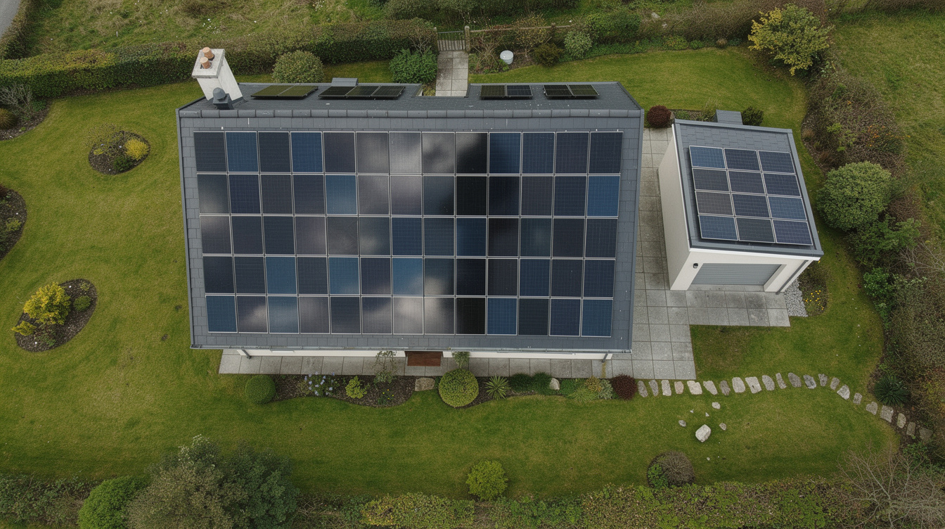 Aerial view of Irish house with full solar panel array and garage array