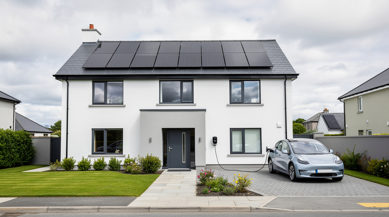Modern Irish family home with solar panels and an EV charging on the driveway