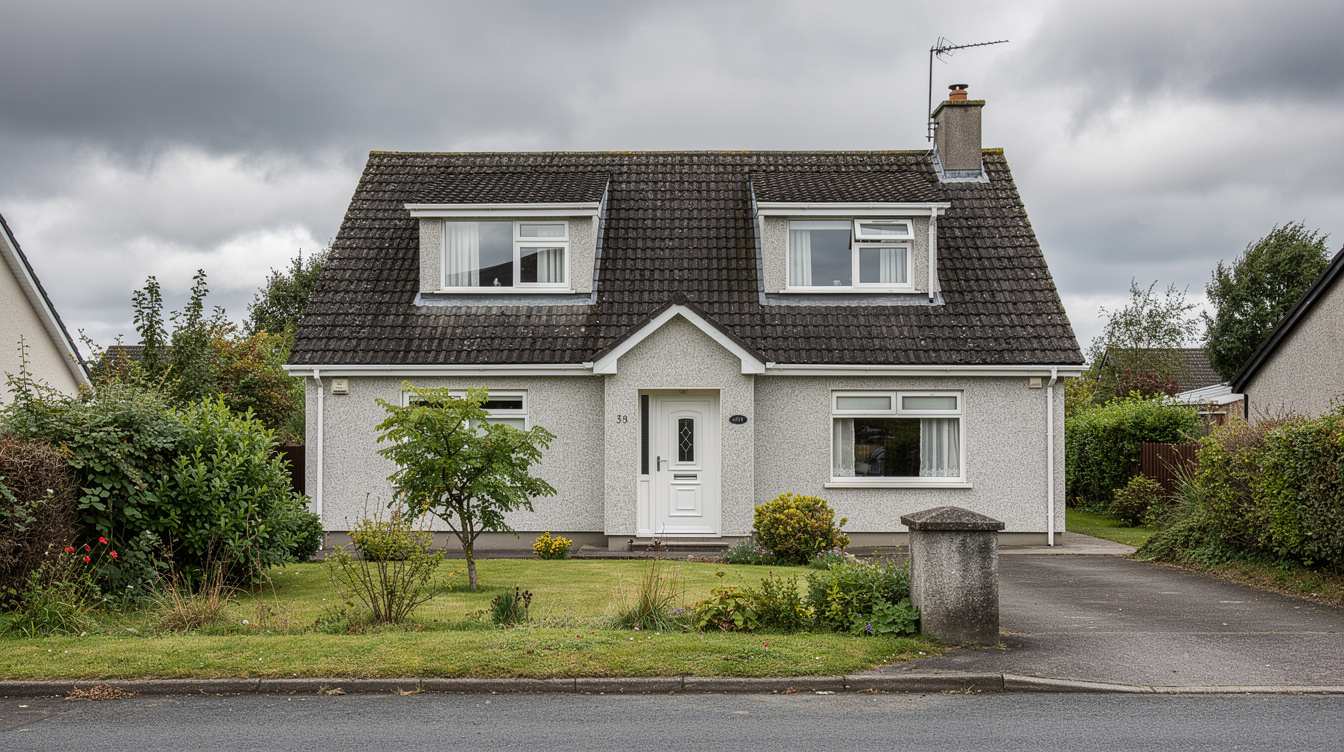Front elevation of Irish dormer bungalow with pebbledash and tile roof, typical of C1 or C2 BER-rated home